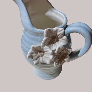 Grassland Road Pottery Pitcher Light Blue White Flowers 6"